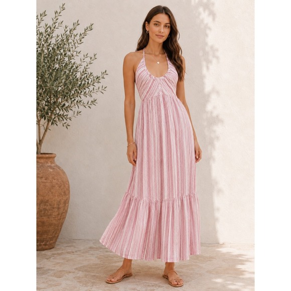 Free People Dresses & Skirts - Free People Audrey Stripe Halter Maxi Dress Pink White Open Back Boho Womens XS